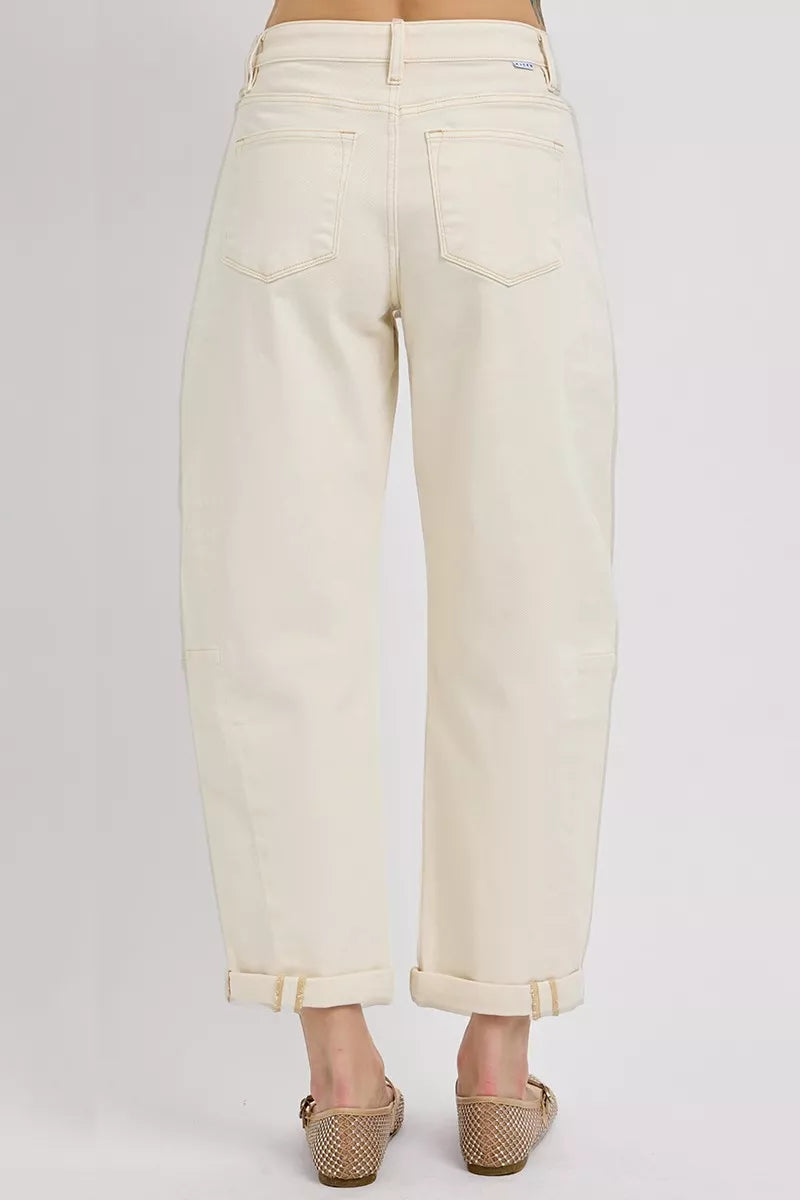 Ivory Color High Rise Relaxed Barrel Cuffed Jeans