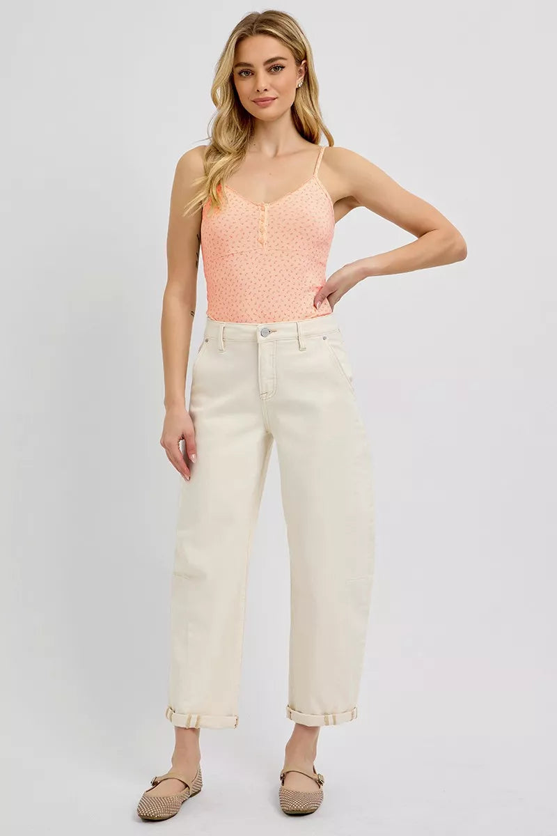 Ivory Color High Rise Relaxed Barrel Cuffed Jeans