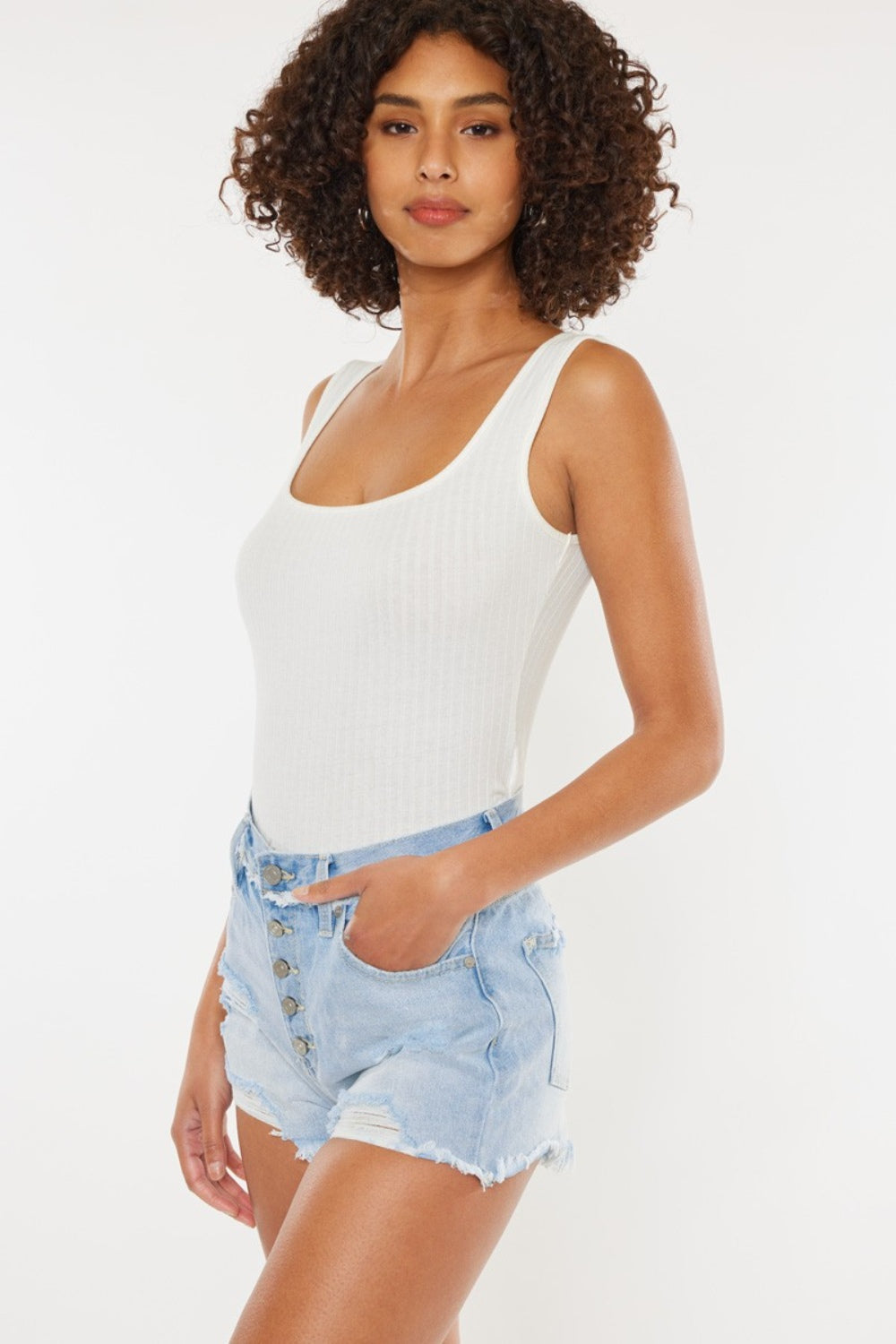 Distressed Button Fly Blue Denim Shorts
