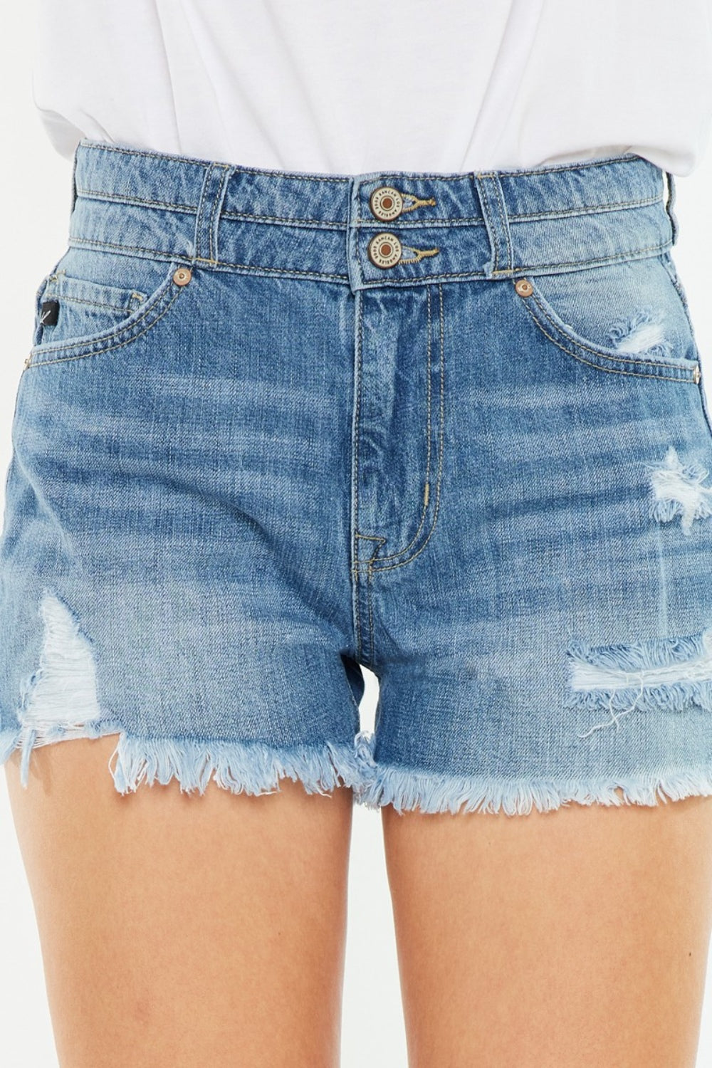 High Rise Raw Hem Blue Denim Shorts