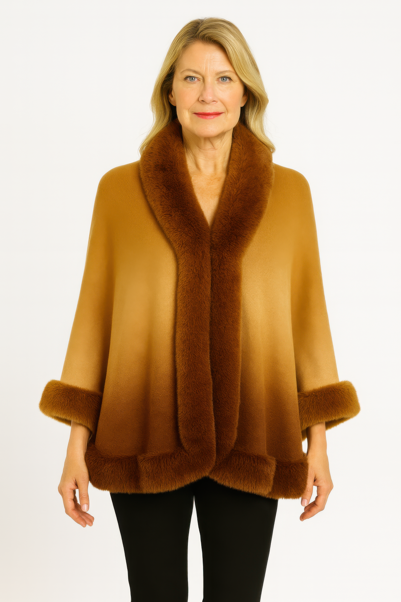 Ombre Faux Fur Trim Cape Wrap