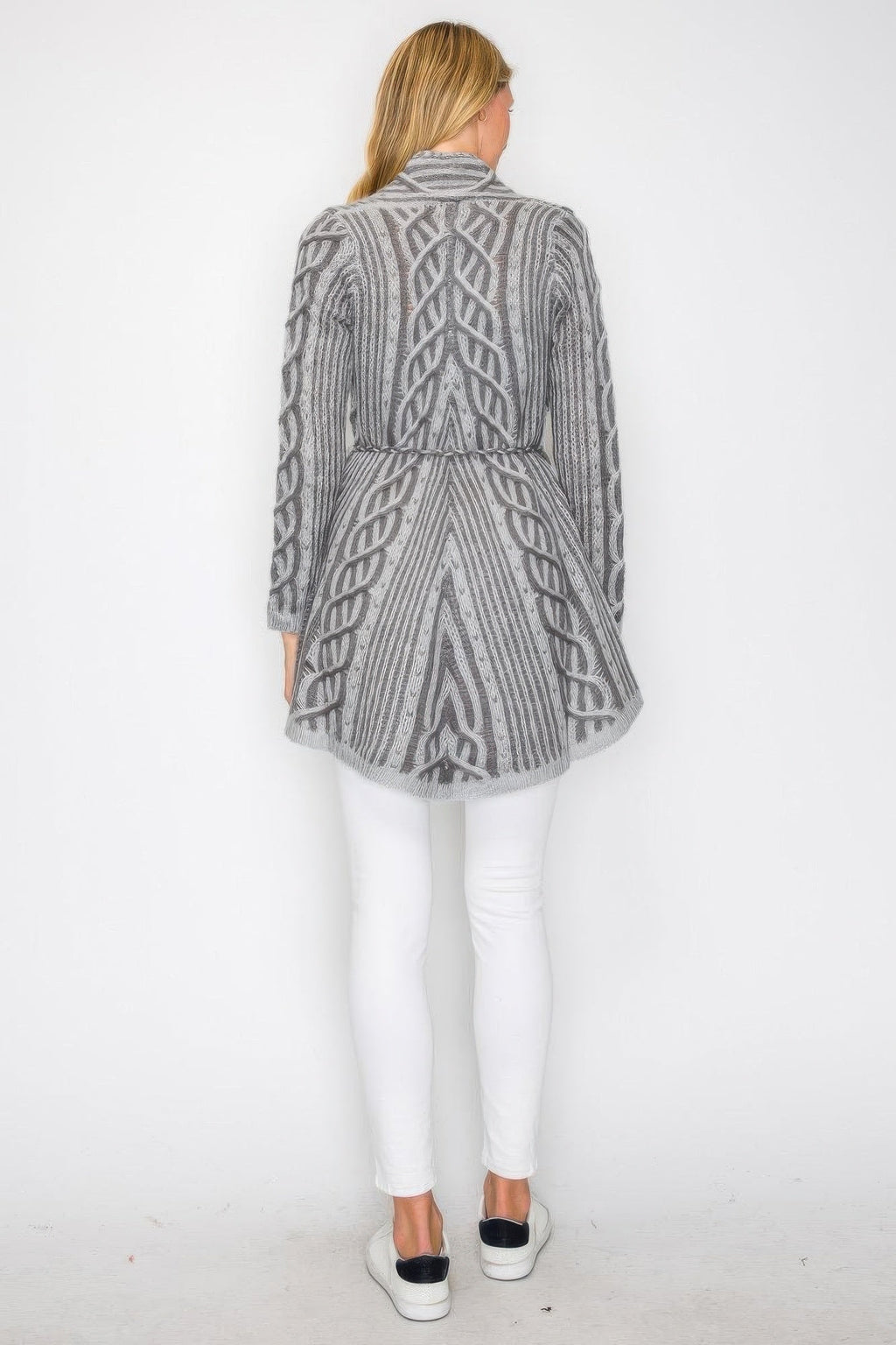 Open Wool Cardigan With Belt String & Front Pocket