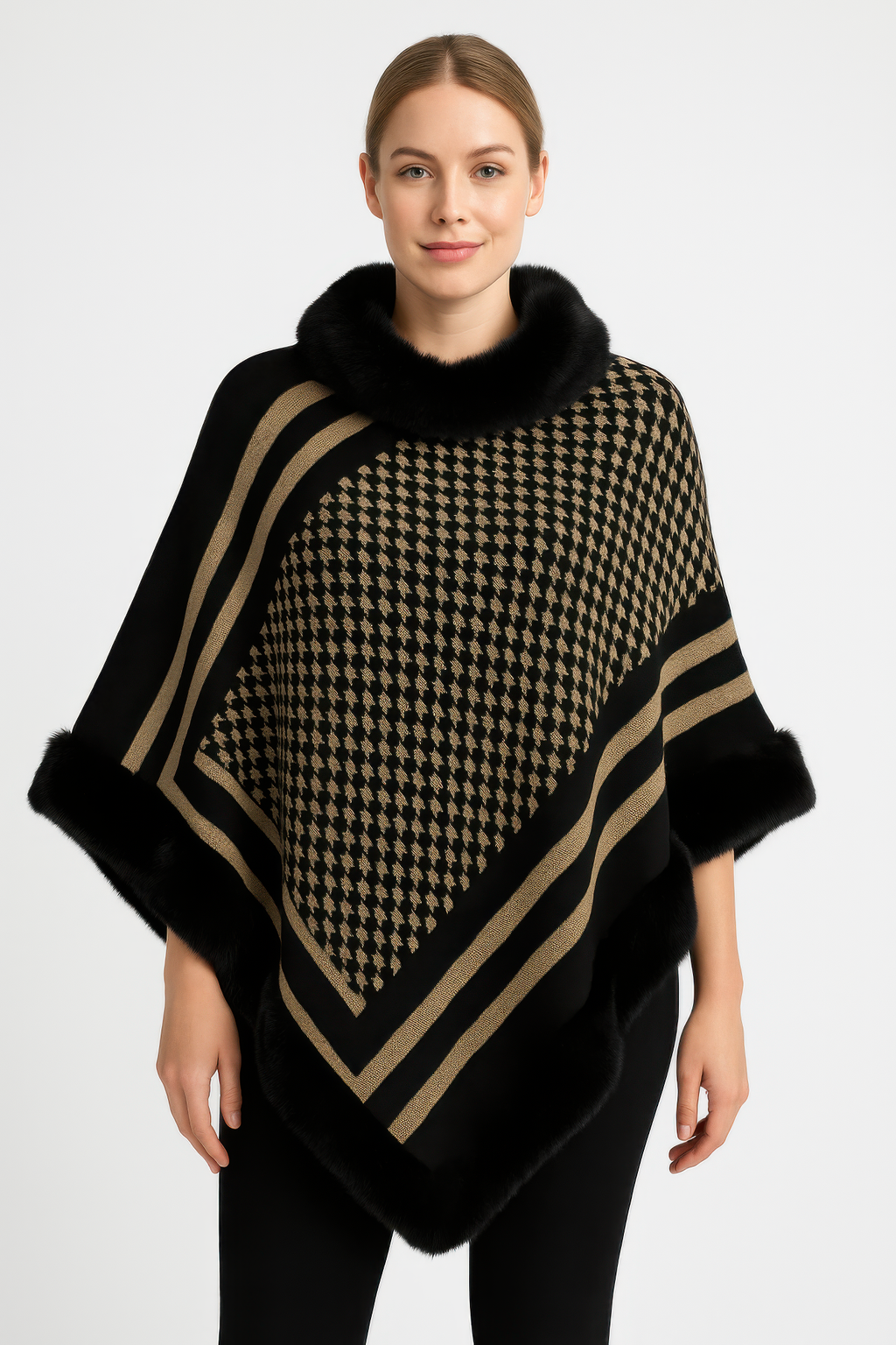 Patterned Knit Poncho With Faux Fur Trim