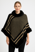 Patterned Knit Poncho With Faux Fur Trim