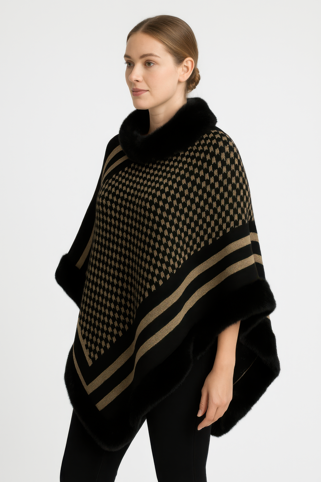 Patterned Knit Poncho With Faux Fur Trim