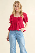 Red Lovely Textured and Smocked Top