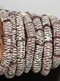 Handcrafted Krobo Painted Recycled Glass Beads – African Brown Tube Beads with Cream Zigzag Patterns (17–18mm × 28–30mm)