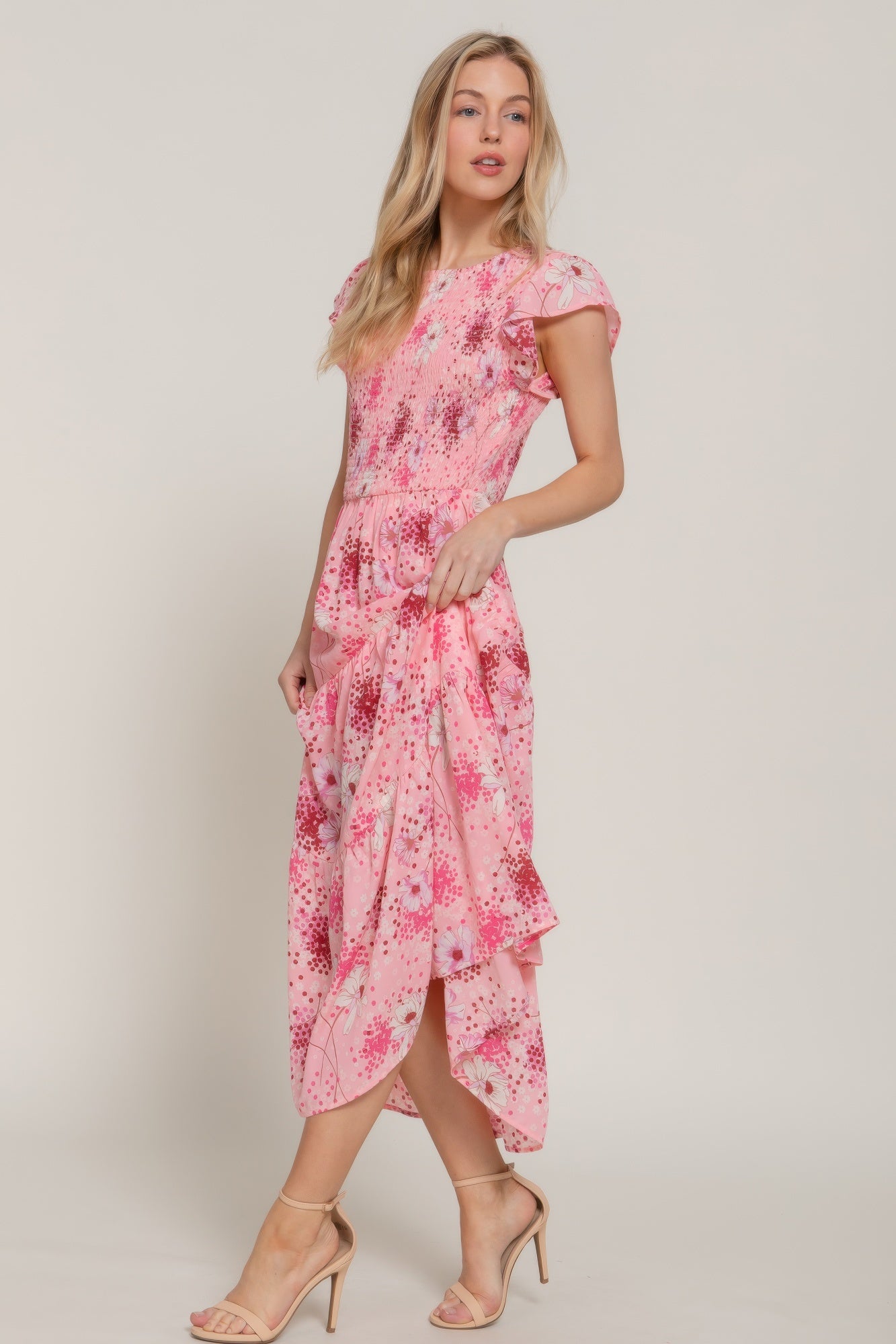 Ruffl Slv Smocked Floral Print Dresss