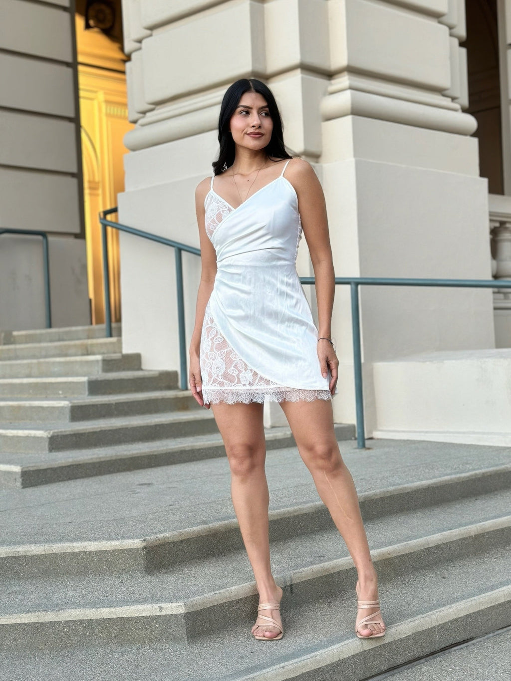 White Satin Wrap Like & Lace Mini Cami Slip Dress