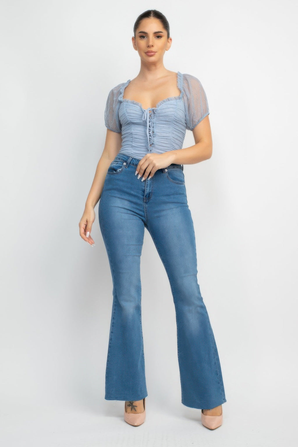Shirred Mesh Sleeve Bodysuit