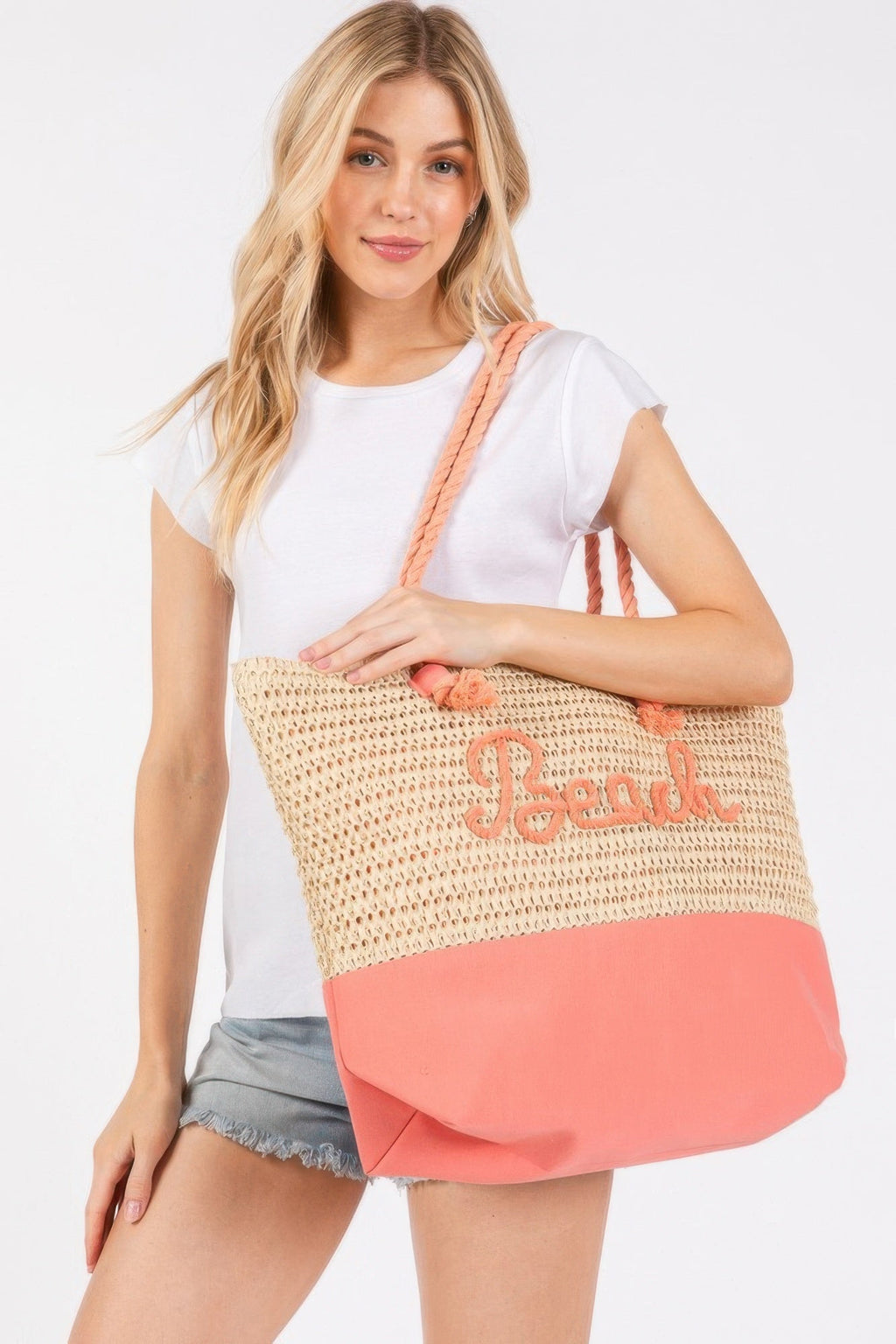 Sewn Rope And Strap Crochet Fabric Beach Tote