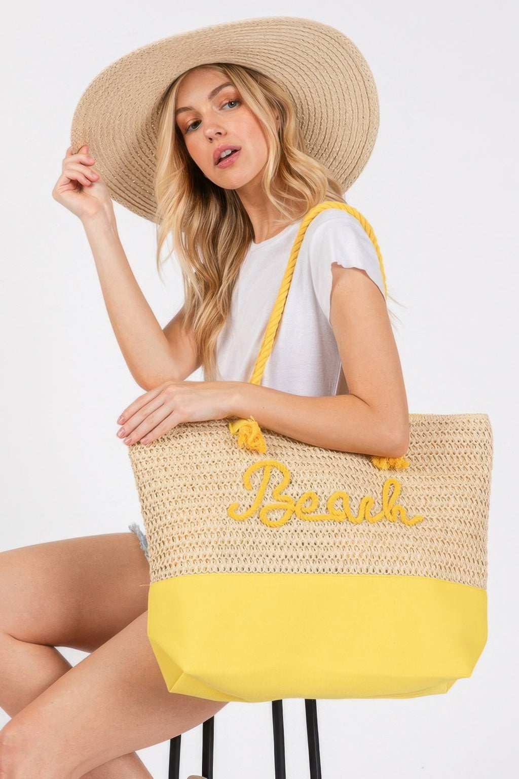 Sewn Rope And Strap Crochet Fabric Beach Tote