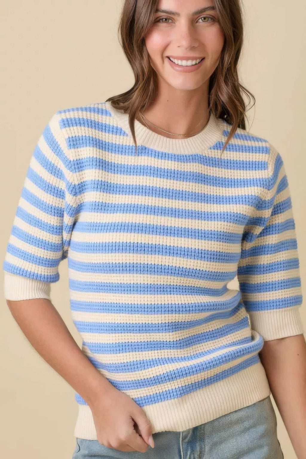 Short Sleeve Sweater Knit Stripe Top