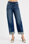 Slouchy Crop Barrel Cuffed Dark Blue Jeans