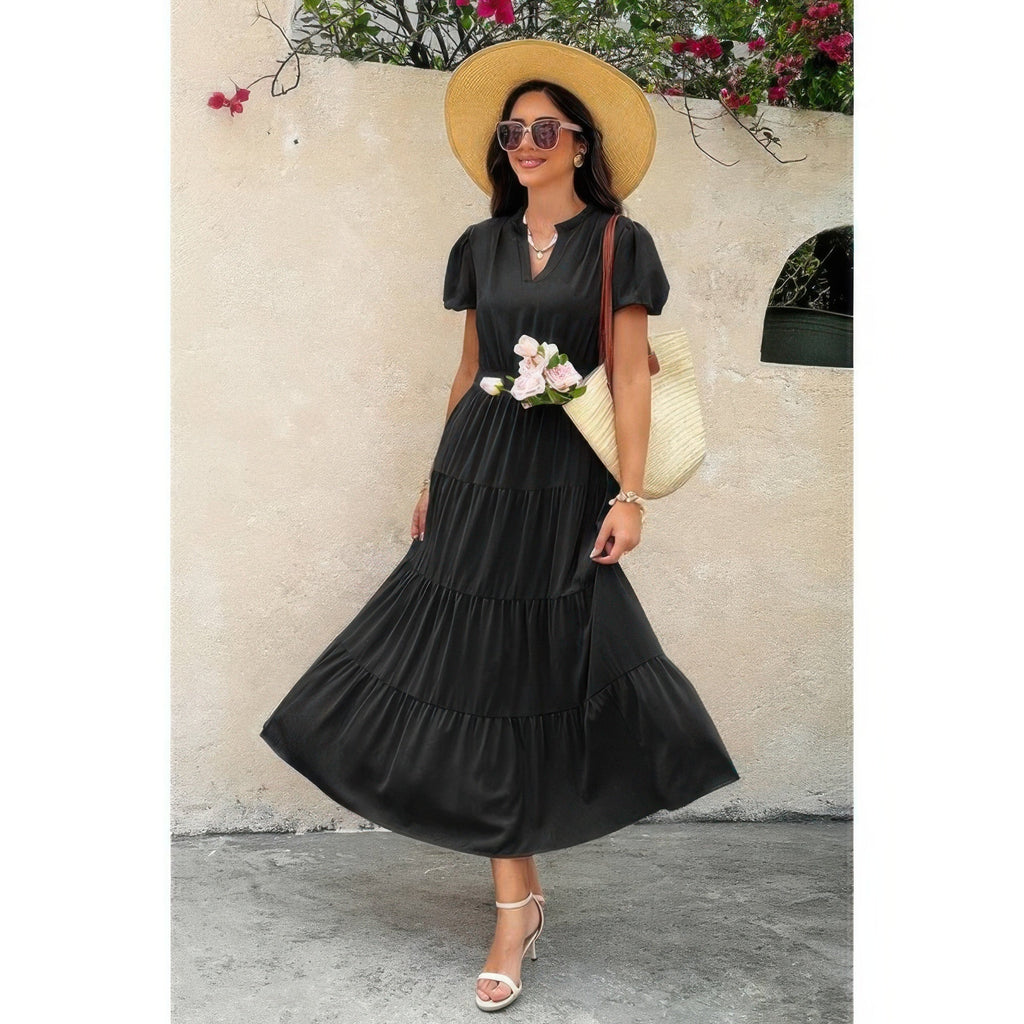 Solid V Neck Color Block Elastic Waist Dress