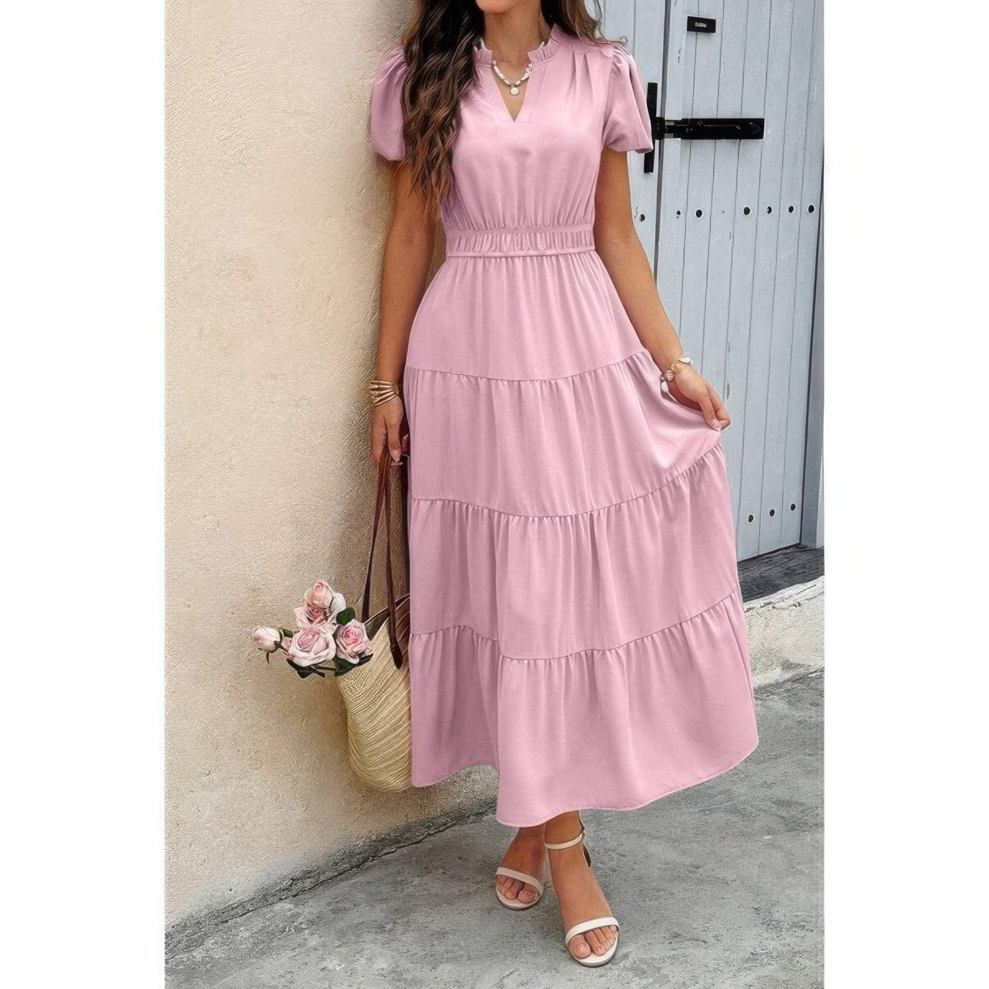 Solid V Neck Color Block Elastic Waist Dress